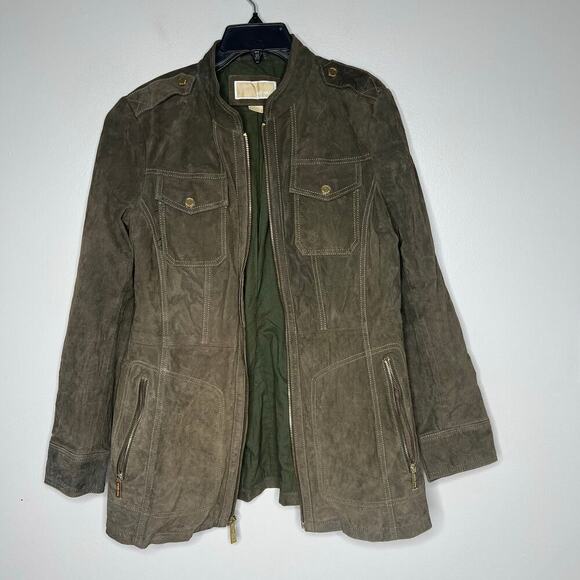Michael Kors Suede Leather Jacket Vince Coat Full Zip Green *No Belt Large *Flaw - Picture 2 of 13